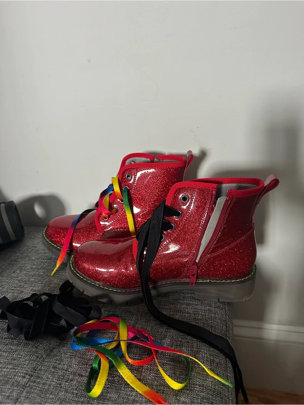Kids Red Glitter Lace-Up Boots with Black or Rainbow Laces
